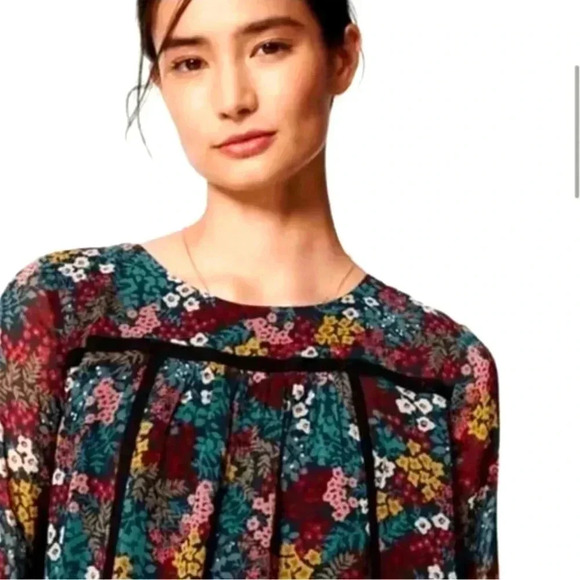 Loft Navy Colorful Wildflower Floral Long Sleeve Mini Shift Dress - Picture 3 of 10